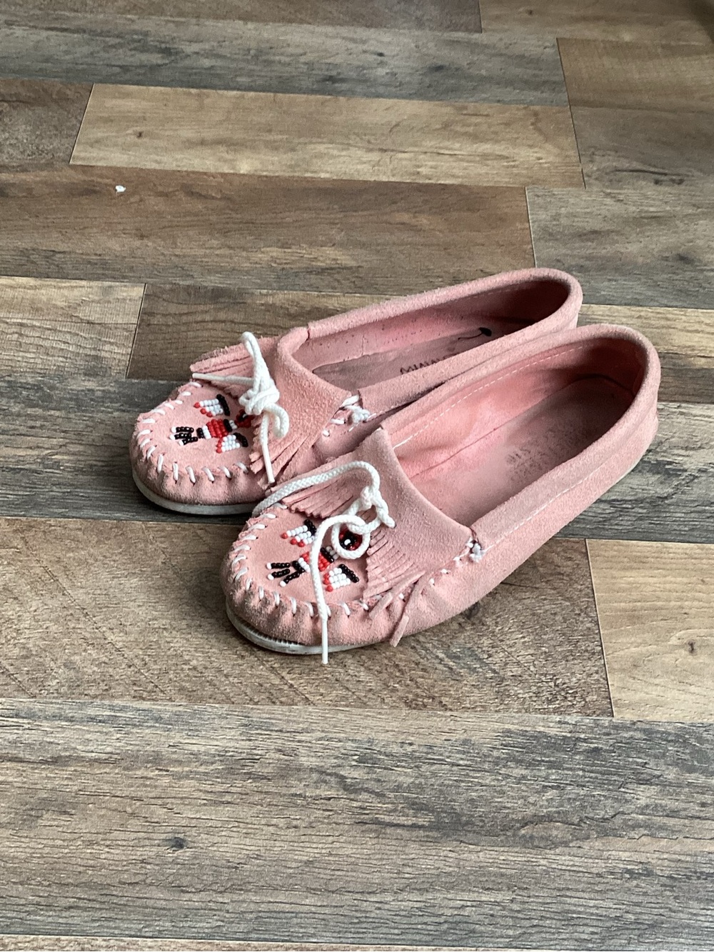 Minnetonka Pink Moccasin Slip-On Shoes with Beaded Detail